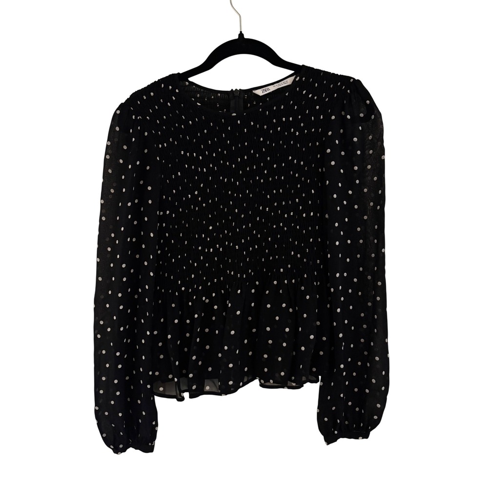 Zara Black White Polka Dot Smocked Peplum Blouse Long Sleeve Chiffon Top S